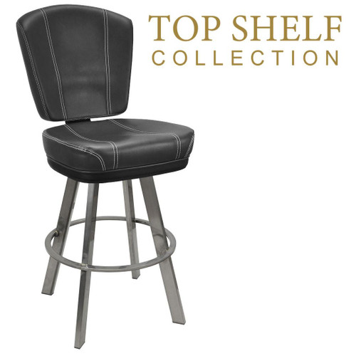 Top Shelf Collection Gladiator 825 Modern Bucket Bar Stool on Large Clear Coat Frame with White Stitching and Choice of 3 Vinyl Colors