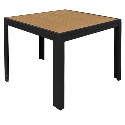 Atlantic Collection Outdoor Square Communal Table with Teak-Inspired Poly Slats and Black Frame in Table Height East Coast Chair and Barstool