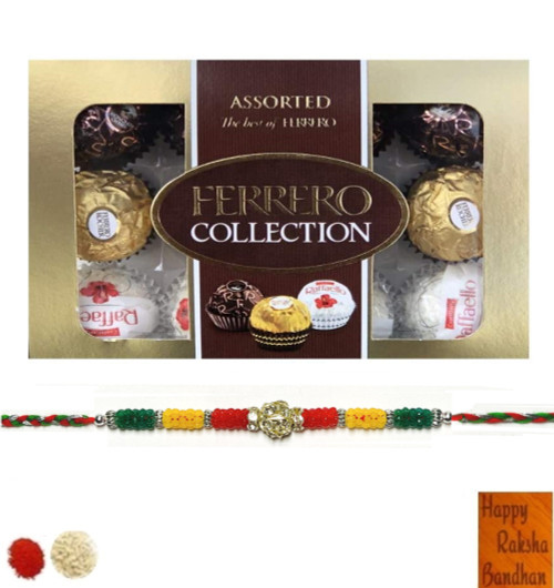 Beautiful Red Yellow Green Beads Rakhi with Ferrero Rocher Collection (12pc) - Free Roli Tika and Card