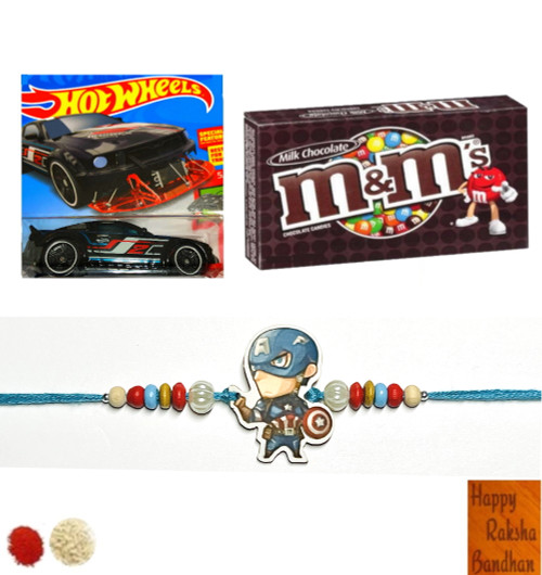 Kids Captain America Rakhi with Hot Wheels Car and M&M Kids Captain America Rakhi with Hot Wheels Car and M&M