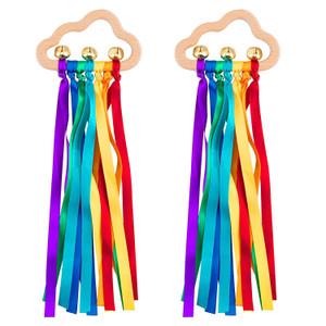 Baby Sensory Ribbon Ring Toys - 2Pcs Rainbow Ribbon Rattle Natural Woo