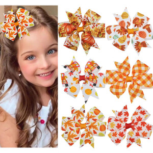6Pcs Autumn Hair Clip Fall Thanksgiving Hair Bow Clips with Maple Leaf