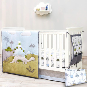 Dinosaur Crib Bedding Set for Boys, Dinosaur Crib Set includes - Dino Blanket, 2 Fitted Sheets, Pillowcase, Crib Skirt,
