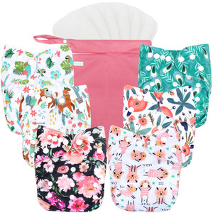 wegreeco Cloth Diapers 6 Pack with 6 Inserts & 1 Wet Bag, Washable Clo