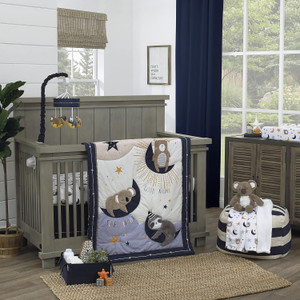NoJo Goodnight Sleep Tight White & Blue Koala, Sloth, Bear, Star, & Moon 4Piece Nursery Crib Bedding Set, Navy, Light Bl