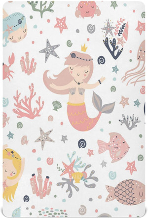 Cute Mermaid Girl with Sea Plants Crib Sheets - Stretchy Fitted Crib Sheets for Boys Girls, Unisex Cozy Baby Crib Sheet