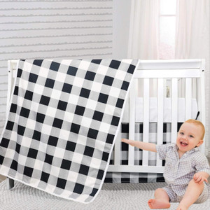 Brandream White Black Nursery Bedding Buffalo Plaid Neutral Baby Bedding 3 Piece Patchwork Blanket Set, Fitted Sheet, Cr
