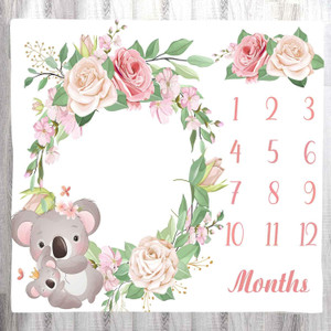 Baby Memory Blanket, Koala Cute Animal Flowers Newborn Baby Monthly Milestone Blanket for Girls Princess Baby Age Blanke