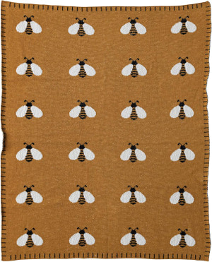 Creative Co-Op Cotton Knit Bee Print, Mustard Baby Blanket, Yellow