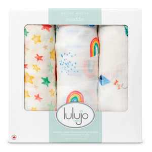 lulujo Baby Set of 3 Deluxe Muslin Swaddle Blankets, High in The Sky 47 x 47-Inch