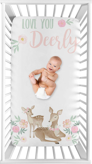 Sweet Jojo Designs Woodland Deer Floral Girl Fitted Crib Sheet Baby or Toddler Bed Nursery Photo Op - Blush Pink, Mint G