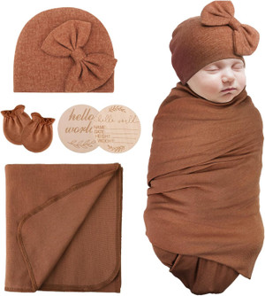 Newborn Baby Receiving Blankets Girl with Bow Hat Mittens Wooden Birth Card Set Baby Swaddles for Newborns Toddler Gift