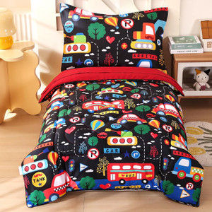 Wowelife Cars Toddler Bedding Set for Boys 4 Piece Toddler Bed Comforter Set Black Toddler Bed Kids Comforter Sets with
