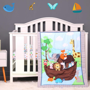 3 Pieces Noah's Ark Crib Bedding Sets for Boys and Girls | Baby Bedding Set of Crib Fitted Sheet, Quilt for Standard Siz