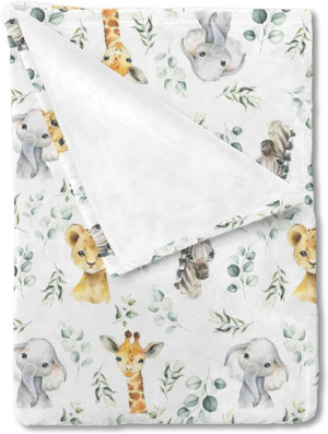 Safari Jungle African Animal Eucalyptus Leaf Baby Blanket Boys Gift, Elephant Giraffe Zebra Lion Flannel Fleece Nursery