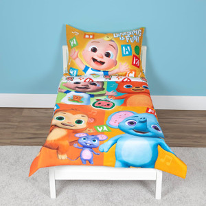 CoComelon Learning is Fun 4 Piece Toddler Bedding Set  includes Comforter, Sheet Set  Fitted + Top Sheet + Reversible