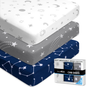 GROW WILD Crib Sheets for Boys or Girls | 3 Pack Soft Stretchy Jersey Cotton Fitted Crib Sheet Neutral | Grey White Navy