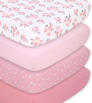The Peanutshell Baby Girl Crib Sheets, Floral Fitted Baby Bed Sheet Set, Fits Standard Size Crib Mattress, 52x28, Pink F
