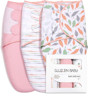 GLLQUEN BABY Swaddle Blankets for Baby Girls, Orange Pink Feather & Wave Point, 3 Pack Wrap Set, Newborn Adjustable Swad