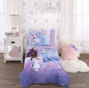 Disney Frozen 2 Lavender, Light Blue and Purple Forest Spirit 4 Piece Toddler Bed Set - Comforter, Fitted Bottom Sheet,