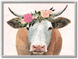 Stupell Industries Springtime Flower Crown Farm Cow with Horns Gray Framed Wall Art, 16 x 20, Multi-Color