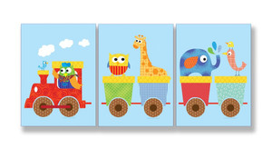 The Kids Room by Stupell Owl, Elephant, and Giraffe On Train 3-Pc. Rectangle Wall Plaque Set, 11 x 0.5 x 15, Proudly Mad