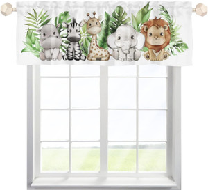 Baby Safari Animals Kids Nursery Valances 54''x18'' Jungle Lion Elephant Giraffe Hippo Zebra Plant Leaves Rod Pocket Sho