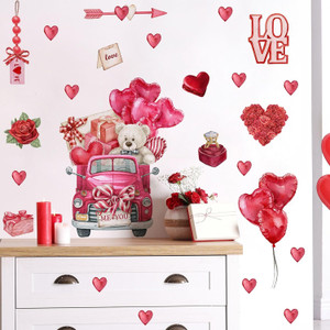 Valentine's Day Love Wall Decals Red Truck Balloon Window Clings Wall Stickers Rose Diamond Ring Romantic Decals Removab