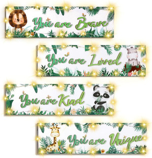 Woodland Nursery Decor, Jungle Safari Animal Wall Hanging Decor, CN 4 Pcs Inspirational Wall Decor with Light for Baby G
