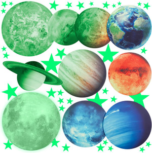 Glow in The Dark Stars Planets and Big Full Moon,Bright Solar System wall Stickers -9 Glowing Ceiling Decals for Kids Be
