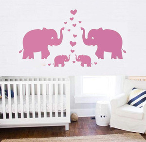 Pink Cute Elephant Family with Hearts Wall Decals Baby Nursery Decor Kids Room Wall Stickers