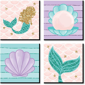 Big Dot of Happiness Let's Be Mermaids - Kids Room, Nursery Decor and Home Decor - 11 x 11 inches Nursery Wall Art - Set