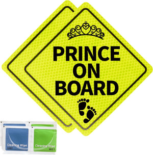 Baby on Board Sticker for Cars Funny,Yellow Night Safety Driving Reflective Prince on Board Sign,2Pack 5.5"x5.5"Vinyl Cu
