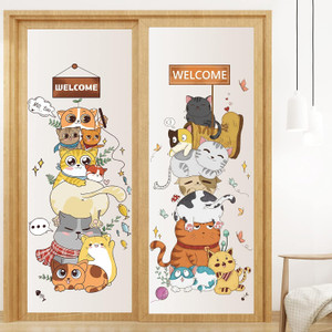 RW-9361+2 Cartoon Cats Wall Decals Cute Cats Wall Stickers Playful Cat Stacked Door Decals DIY Removable Kitty Butterfly