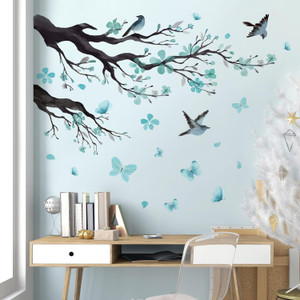Amaonm Removable PVC Watercolor Blue Blossom Flowers Wall Decals DIY Peel and Stick Black Tree Branch With Bird Butterfl