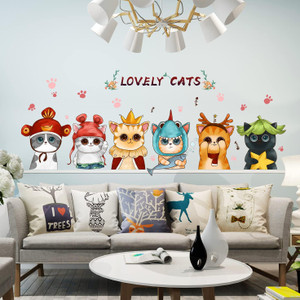 RW-9102 Lovely Cats Wall Decals Cartoon 6 Cats Wall Stickers Playful Cat Paws Poster Mural DIY Removable Kitty Flowers F