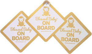 The Blessed Lamb - Blessed Baby On Board Signs for Cars - Gold and White 3 PACK, Car Suction Cup, Car Sign Sticker, Magn