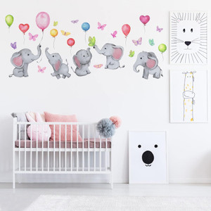 Watercolor Balloon Flying Animals Wall Decals, Lovely Elephant Wall Stickers, Colorful Butterfly Cartoon Wall Stickers,