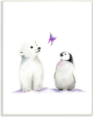 The Kids Room by Stupell Cute Cartoon Baby Polar Bear and Penguin Zoo Animal Painting Wall Plaque, 10 x 15, Multi-Color