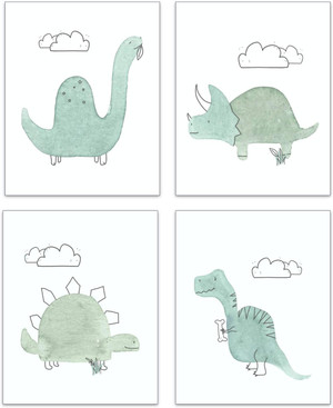 Dinosaur Nursery Decor Set of 4 Wall Prints - Baby Dinosaur Decor for Boys & Girls - Cute Dino Bedroom or Nursery Decora