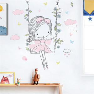 ROFARSO Colorful Cute Lovely Little Girl On The Swing Wall Stickers for Kids Peel and Stick Removable Wall Decals DIY De