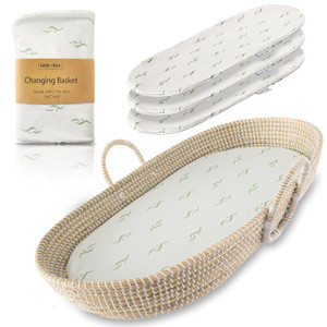 Seagrass Baby Changing Basket Set w/Soft Basket Cover, Comfy Pad & 3 Waterproof Bamboo Jacquard Covers - Organic Handwov