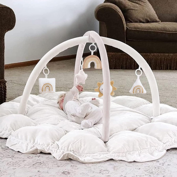 5-in-1 Thick & Plush Baby Play Gym, Baby Play Mats for Floor, Tummy Time Mat with 6 Toys, Cat Bed, Dog Bed, Convertible