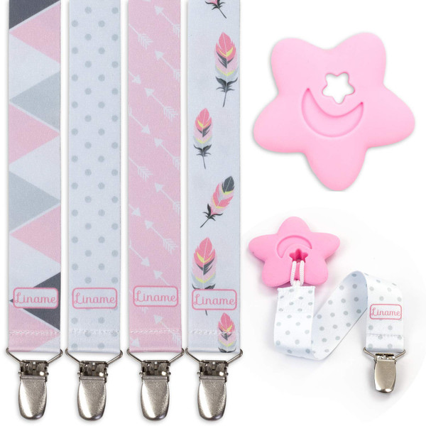 Liname Neutral Pacifier Clip with Teething Toy - 4 Pack Pacifier Clips