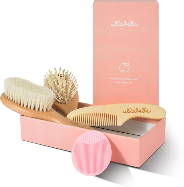 4 Piece Wooden Baby Hair Brush and Comb Set for Newborns & Toddlers in