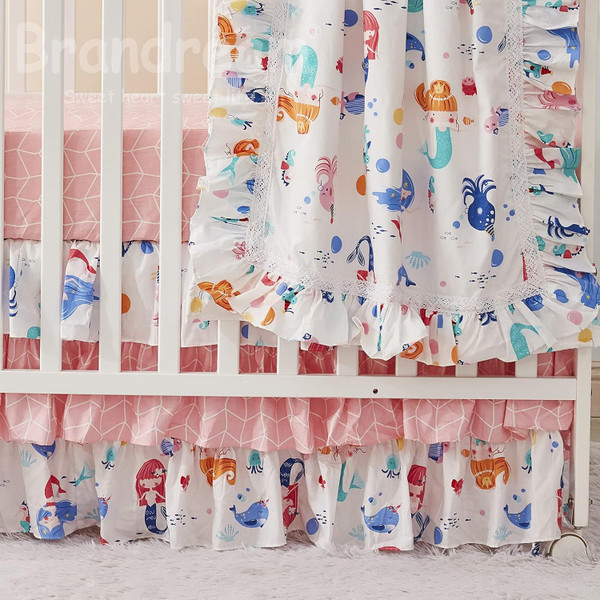 Brandream Mermaid Crib Bedding Set for Girls Pink Baby Nursery Nautical Bedding 3 Piece Ocean Animal Blanket Set, Soft C