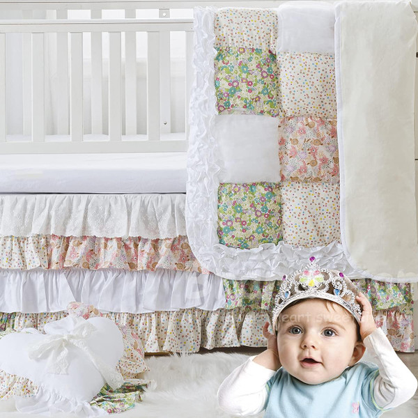 Brandream Luxury Girls Nursery Bedding Farmhouse Floral Crib Bedding PatchWork Baby Blanket Set, 4 Piece Cotton Layered