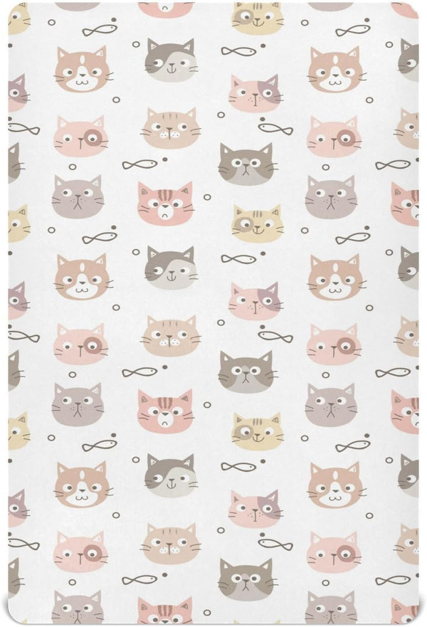 Cartoon Cat Face Crib Sheets for Boys Girls, Soft and Breathable Pack n Play Sheets, Portable Mini Stretchy Cribs Sheets