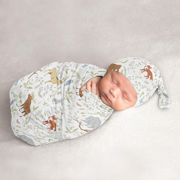 Sweet Jojo Designs Woodland Animal Toile Baby Boy or Girl Cocoon and Beanie Hat 2pc Set Jersey Stretch Knit Sleeping Bag