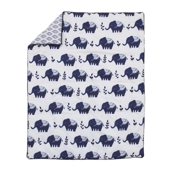NoJo Indigo Hues Blue and White Elephant 4 Piece Nursery Crib Bedding Set - Comforter, 100% Cotton Fitted Crib Sheet, Du